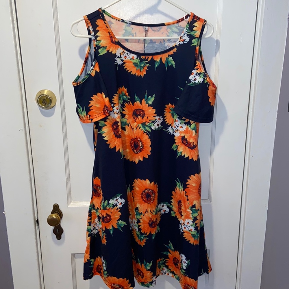 Off the shoulder orange and blue sunflower dress